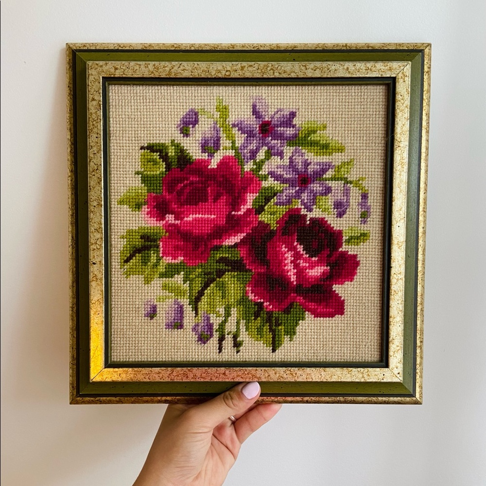 Vintage Rose Floral Cross-Stitch Wall Art - Red, Pink, Purple, Green, Gold Frame